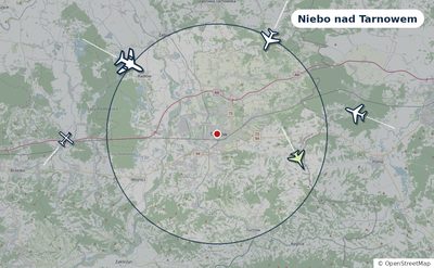 Mapa okolic miasta z sylwetkami samolotów — Niebo nad Tarnowem na żywo