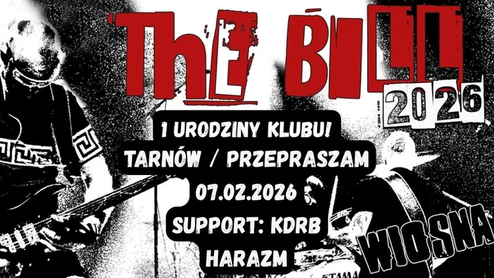 Grafika promocyjna wydarzenia 1 Urodziny Klubu! Koncert: THE BILL + KDRB + HARAZM w Tarnowie