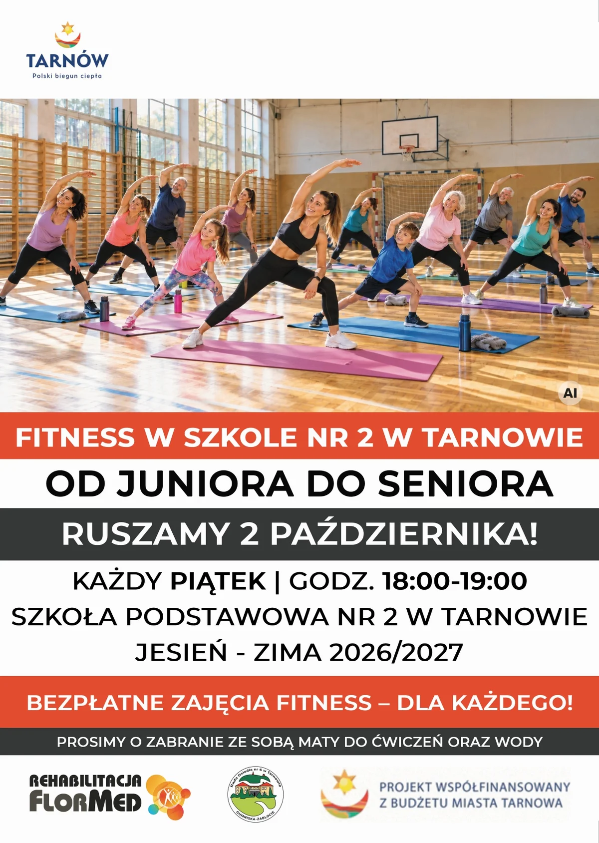 Grafika promocyjna wydarzenia Bezpłatne zajęcia fitness „Od juniora do seniora”