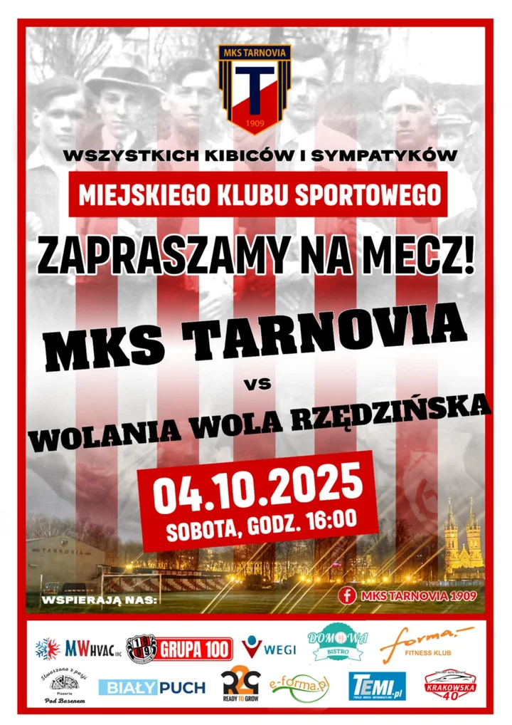 Obrazek przedstawia grafikę promocyjną wydarzenia Mecz Tarnovii z LKS Wolanią przy Bandrowskiego 9