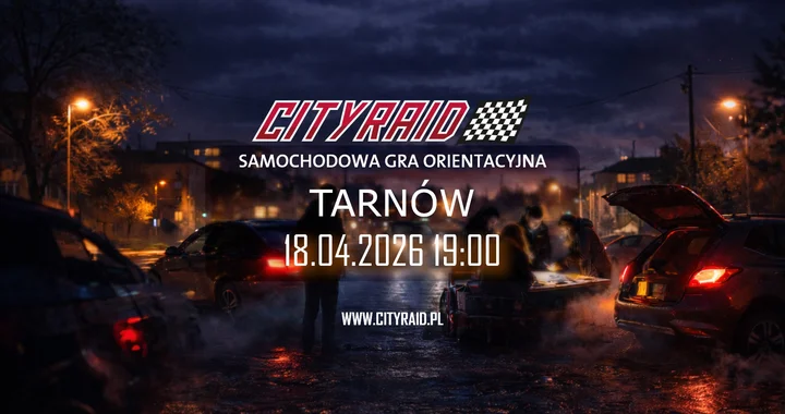 Grafika promocyjna wydarzenia CITYRAID Tarnów: samochodowa gra orientacyjna z zadaniami i nagrodami