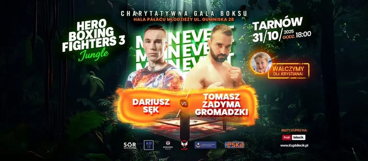 Grafika promocyjna wydarzenia HERO BOXING FIGHTERS 3 Tarnów — charytatywna gala „Jungle” dla Krystiana
