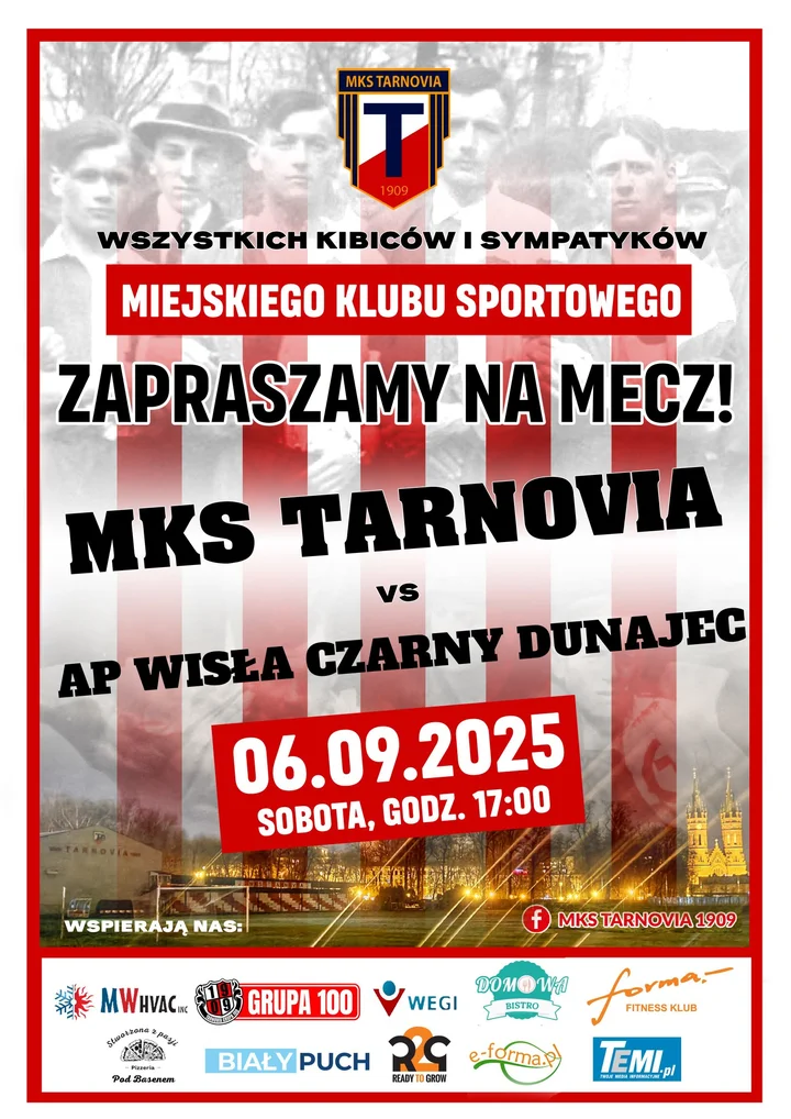 Obrazek przedstawia grafikę promocyjną wydarzenia Mecz MKS Tarnovia – Wisła Czarny Dunajec przy Bandrowskiego 9