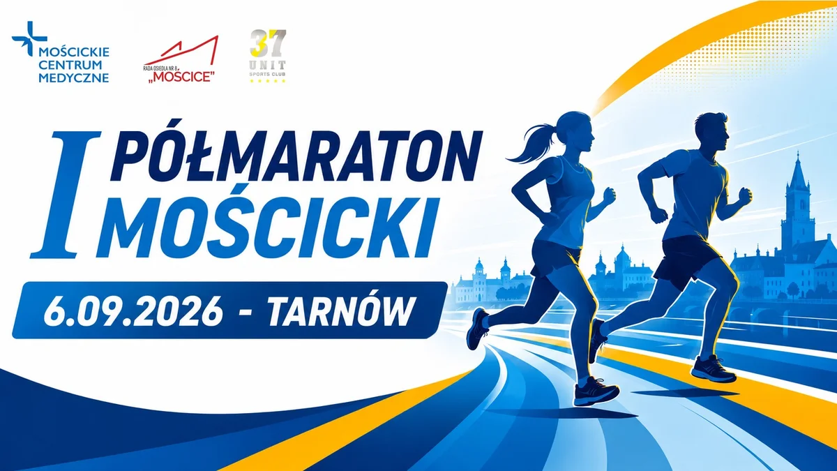 Grafika promocyjna wydarzenia I Półmaraton Mościcki w Tarnowie – płaska trasa i szansa na życiówkę