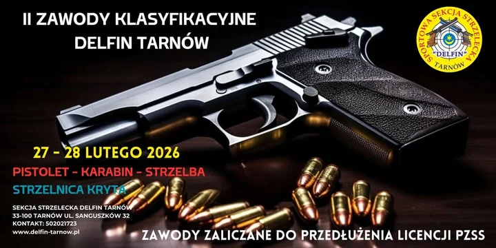 Grafika promocyjna wydarzenia II Zawody Klasyfikacyjne DELFIN Tarnów — strzelnica kryta, 11 konkurencji