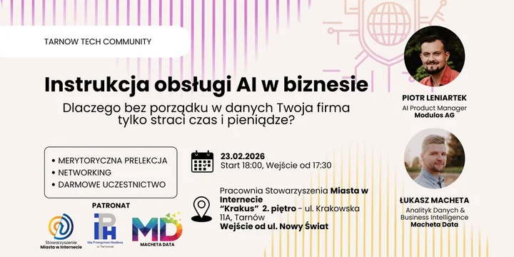 Grafika promocyjna wydarzenia Instrukcja obsługi AI w biznesie — Tarnow Tech Community