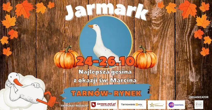 Obrazek przedstawia grafikę promocyjną wydarzenia Jarmark św. Marcina na Rynku w Tarnowie