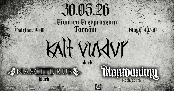 Grafika promocyjna wydarzenia Kalt Vindur, Nasciturus i Pelgathorium — Tarnów, 30 maja 2026