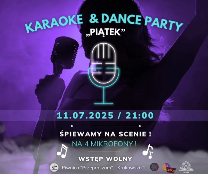 Grafika promocyjna wydarzenia Karaoke i taneczna zabawa w Piwnicy „Przepraszam” w Tarnowie