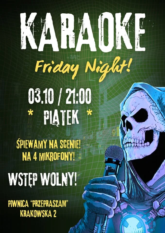 Obrazek przedstawia grafikę promocyjną wydarzenia Piątkowe karaoke w Piwnicy „Przepraszam” w Tarnowie