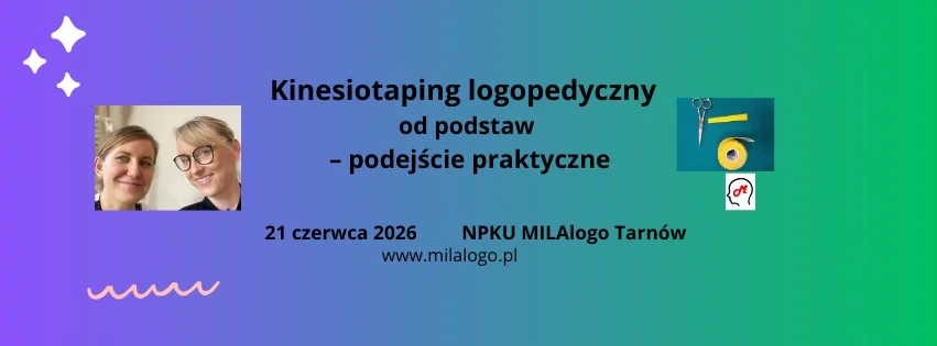 Grafika promocyjna wydarzenia Kinesiotaping logopedyczny od podstaw — podejście praktyczne (Tarnów)