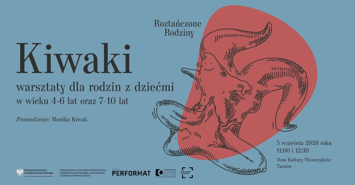 Grafika promocyjna wydarzenia Kiwaki – rodzinne warsztaty ruchowe