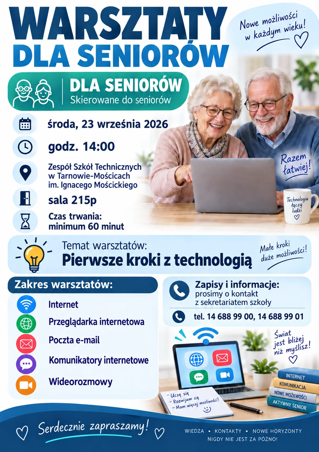 Grafika promocyjna wydarzenia Komputerowe warsztaty dla seniorów „Pierwsze kroki z technologią”