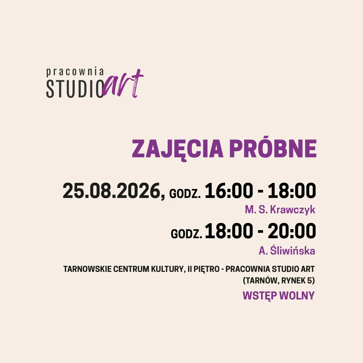 Grafika promocyjna wydarzenia Konsultacje i zajęcia próbne w Pracowni Studio ART