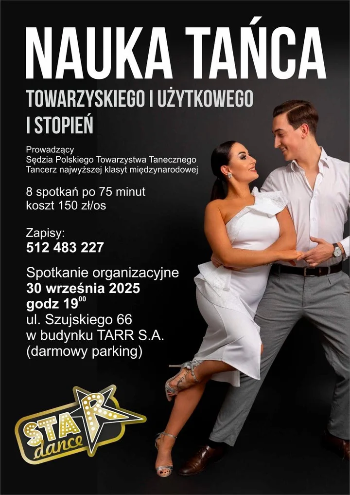 Obrazek przedstawia grafikę promocyjną wydarzenia Kurs tańca towarzyskiego i użytkowego — zapisy na serię 8 zajęć