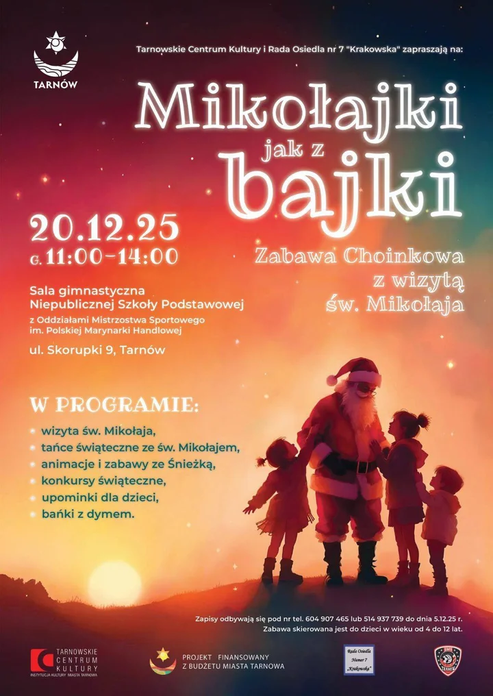 Grafika promocyjna wydarzenia Mikołajki jak z bajki — zabawa mikołajkowa w Tarnowie