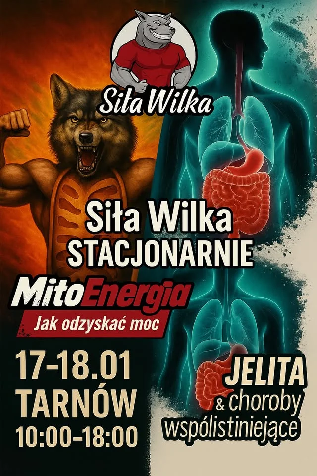 Grafika promocyjna wydarzenia MitoEnergia i Jelita — stacjonarne szkolenia w Tarnowie (17–18 stycznia 2026)