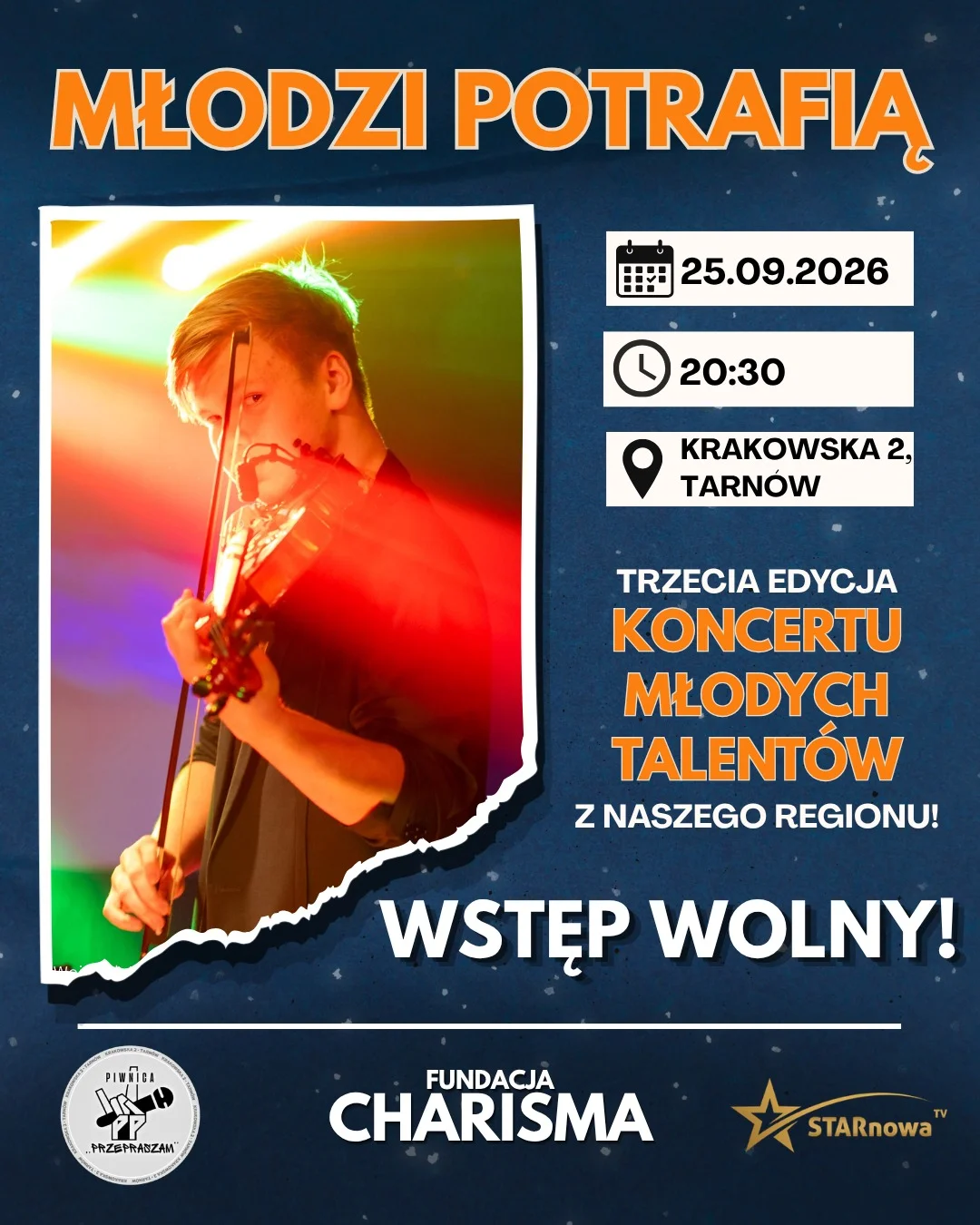 Grafika promocyjna wydarzenia Młodzi Potrafią – koncert talentów w Tarnowie