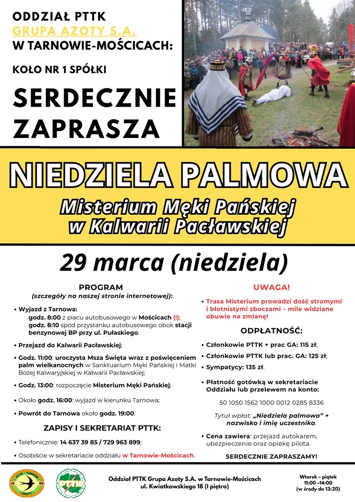 Grafika promocyjna wydarzenia Niedziela Palmowa — wycieczka na Misterium Męki Pańskiej do Kalwarii Pacławskiej
