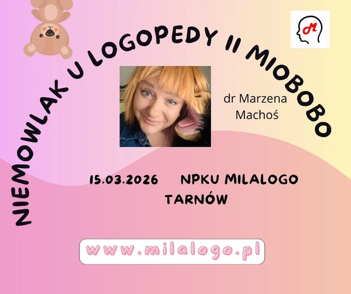 Grafika promocyjna wydarzenia NIEMOWLAK U LOGOPEDY II MIOBOBO — praktyczne szkolenie o ankyloglosji w Tarnowie