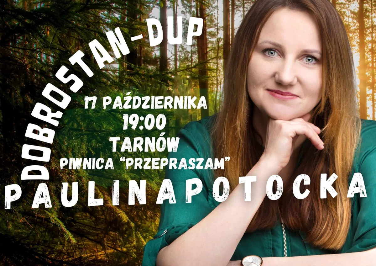 Grafika promocyjna wydarzenia Paulina Potocka prezentuje nowy program stand-up w Tarnowie
