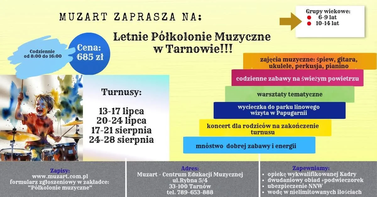 Grafika promocyjna wydarzenia Półkolonie muzyczne w Tarnowie z warsztatami kulinarnymi i cukierniczymi