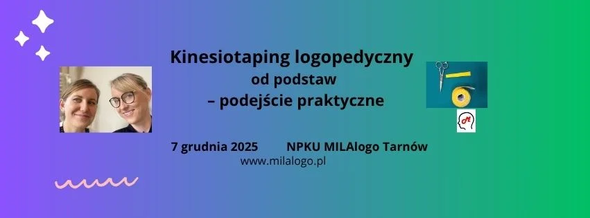 Grafika promocyjna wydarzenia Praktyczne szkolenie z kinesiotapingu w terapii logopedycznej w Tarnowie