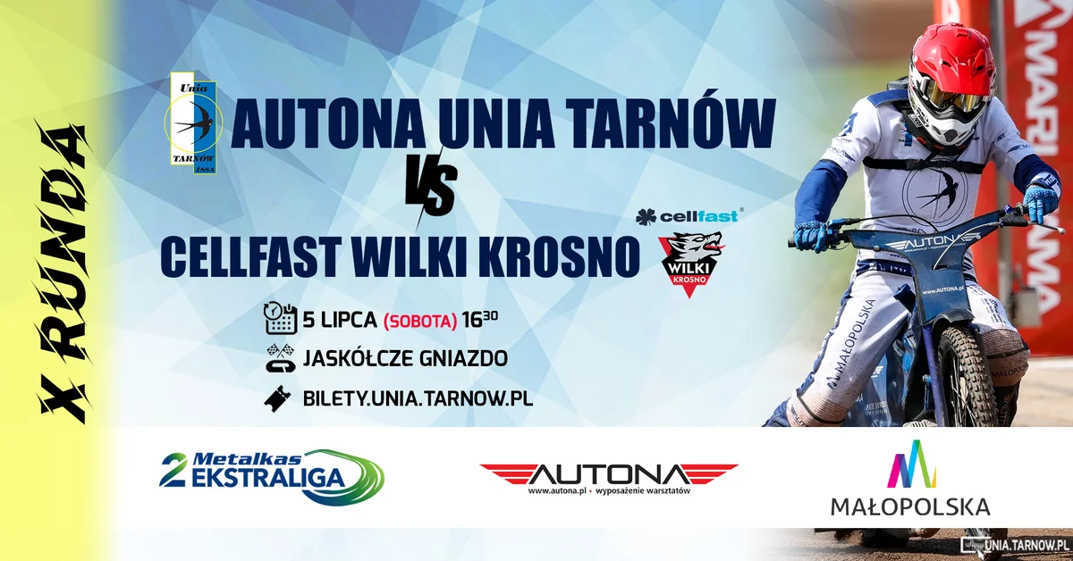 Grafika promocyjna wydarzenia Spotkanie Autona Unii Tarnów z Cellfast Wilkami Krosno w Metalkas 2. Ekstralidze