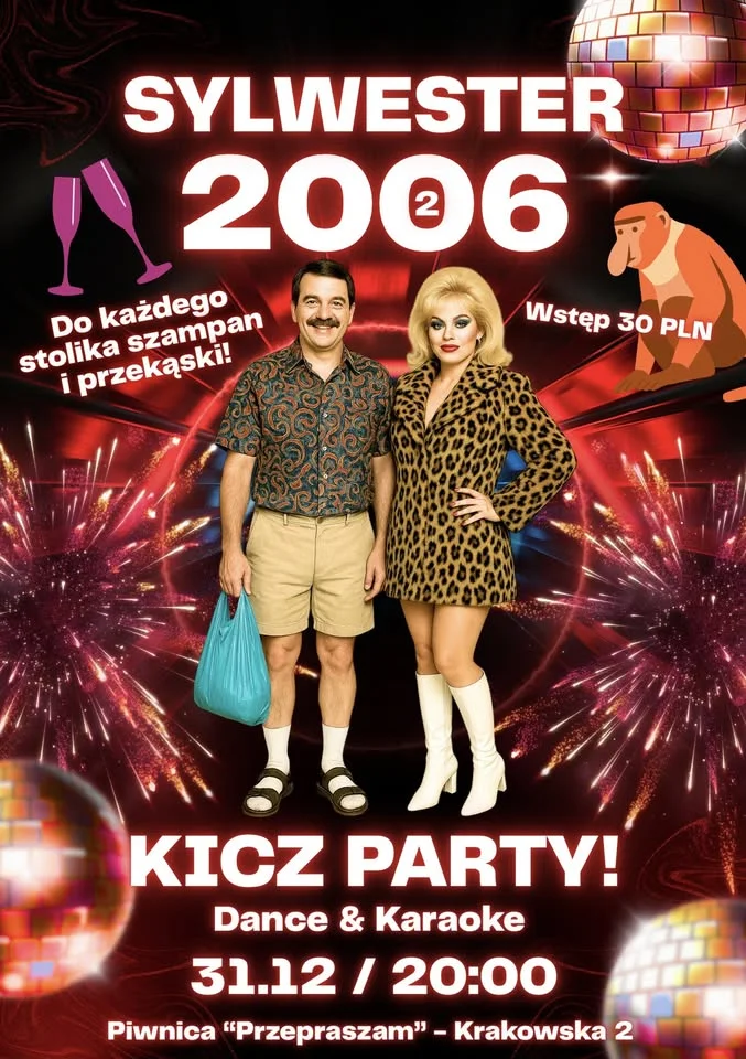 Grafika promocyjna wydarzenia Sylwester 2026 „Kicz Party” — tematycznie, na wesoło i w pełnym przebraniu