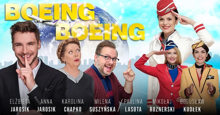 Obrazek przedstawia grafikę promocyjną wydarzenia Komediowy spektakl „Boeing Boeing” w Tarnowie