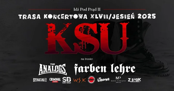 Obrazek przedstawia grafikę promocyjną wydarzenia KSU w Tarnowie — trasa koncertowa Idź pod prąd II