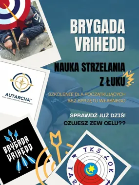 Grafika promocyjna wydarzenia Brygada Vrihedd: letnia nauka łucznictwa