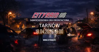 Grafika promocyjna wydarzenia CITYRAID Tarnów: samochodowa gra orientacyjna z zadaniami i nagrodami