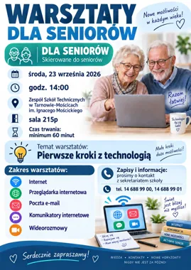 Grafika promocyjna wydarzenia Komputerowe warsztaty dla seniorów „Pierwsze kroki z technologią”