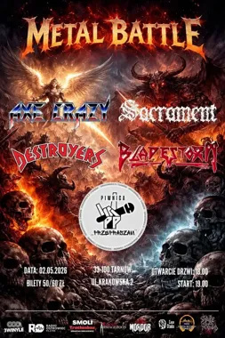 Grafika promocyjna wydarzenia Metal Battle Tarnów – pierwsza metalowa bitwa w Piwnicy „Przepraszam”