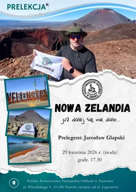 Grafika promocyjna wydarzenia Prelekcja Jarka Glapskiego o Nowej Zelandii w Tarnowie