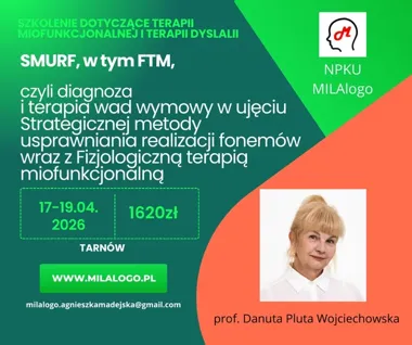 Grafika promocyjna wydarzenia SMURF, w tym FTM — trzydniowe warsztaty diagnozy i terapii wad wymowy