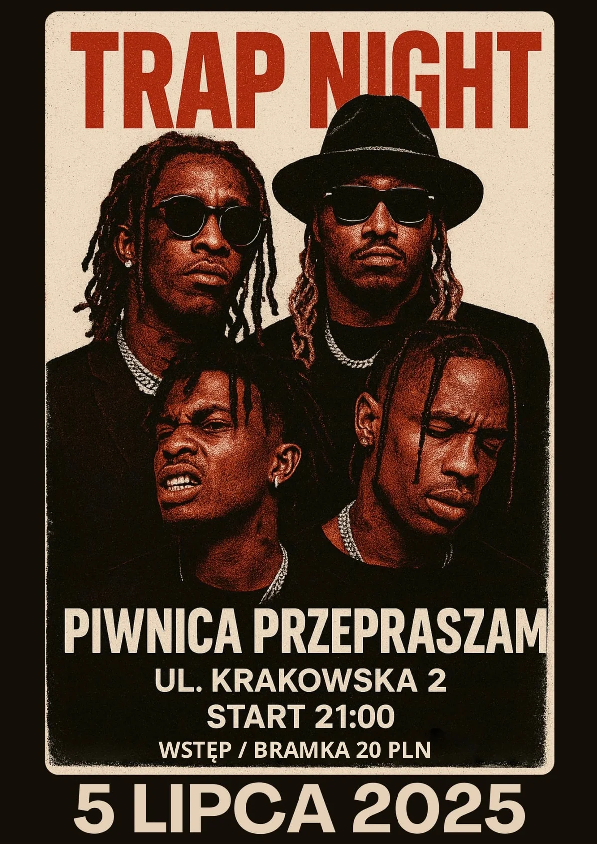 Grafika promocyjna wydarzenia Trapowa impreza muzyczna w Tarnowie 5 lipca 2025