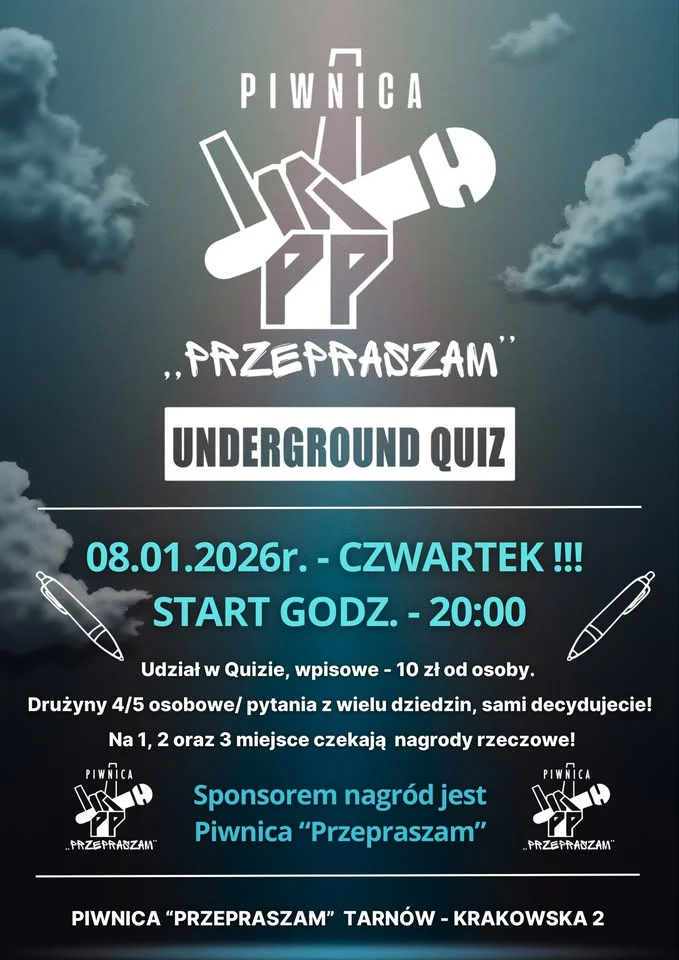Grafika promocyjna wydarzenia Underground QUIZ w Piwnicy Przepraszam — wieczór quizowy w Tarnowie