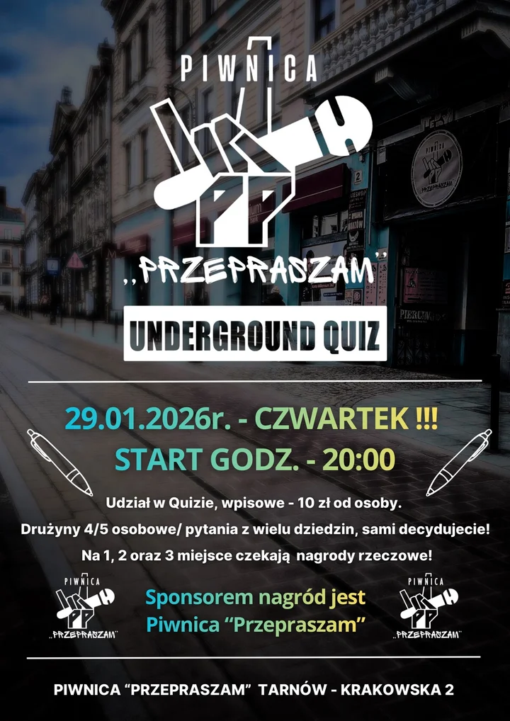 Grafika promocyjna wydarzenia Underground QUIZ — quiz w Piwnicy Przepraszam (29 stycznia)
