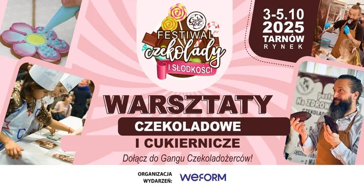 Obrazek przedstawia grafikę promocyjną wydarzenia Warsztaty czekoladowe i cukiernicze dla dzieci w Tarnowie