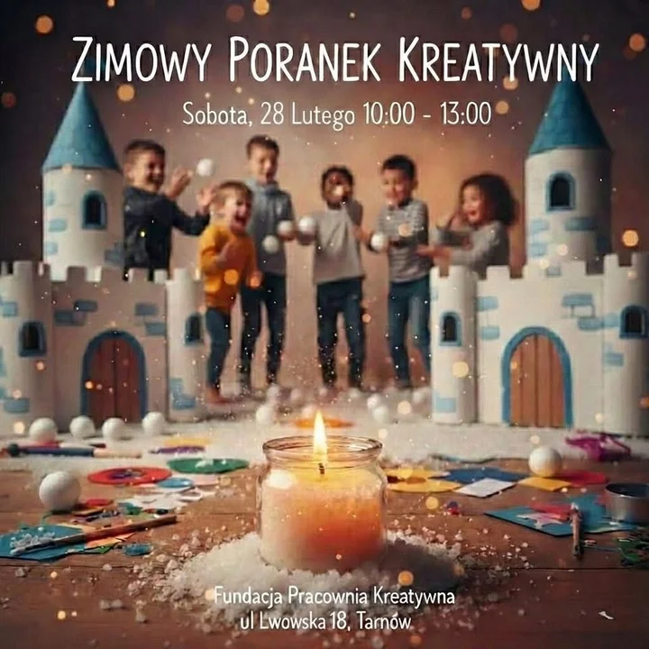 Grafika promocyjna wydarzenia Zimowy Poranek w Pracowni Kreatywnej — warsztaty, kino i bitwa na „śnieżki”