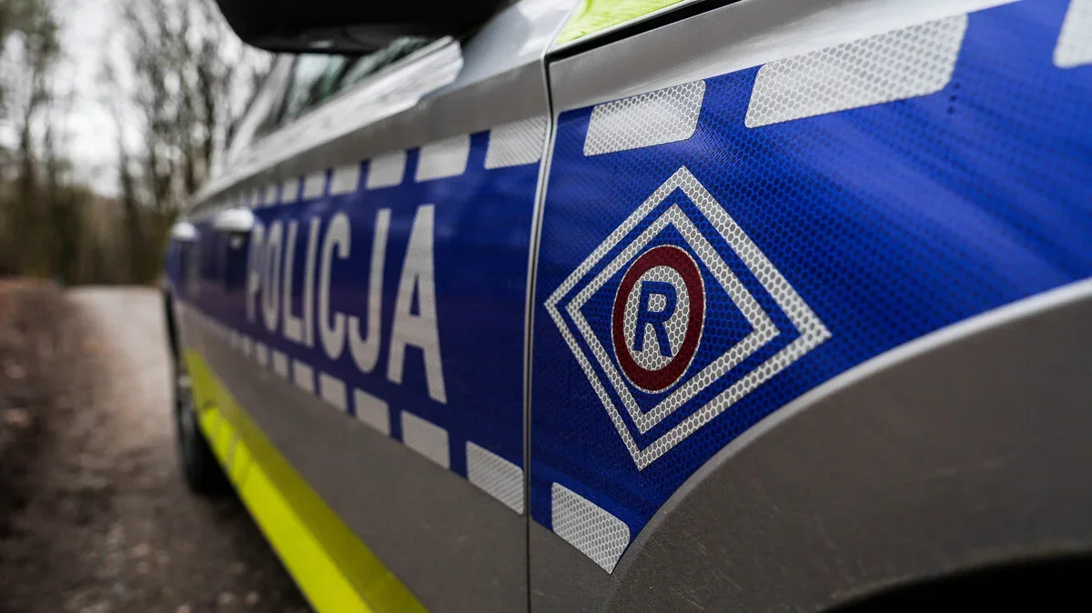 Fragment oznakowanego policyjnego radiowozu z napisem „POLICJA” stojącego na leśnej drodze.